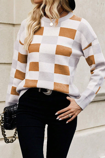 Stacey B's Khaki Checkered Ribbed Edge O Neck Drop Shoulder Sweater