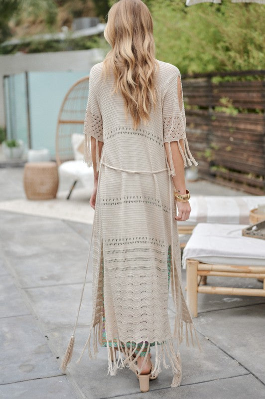 Stacey B's Solid Long Cardigan With Fringe