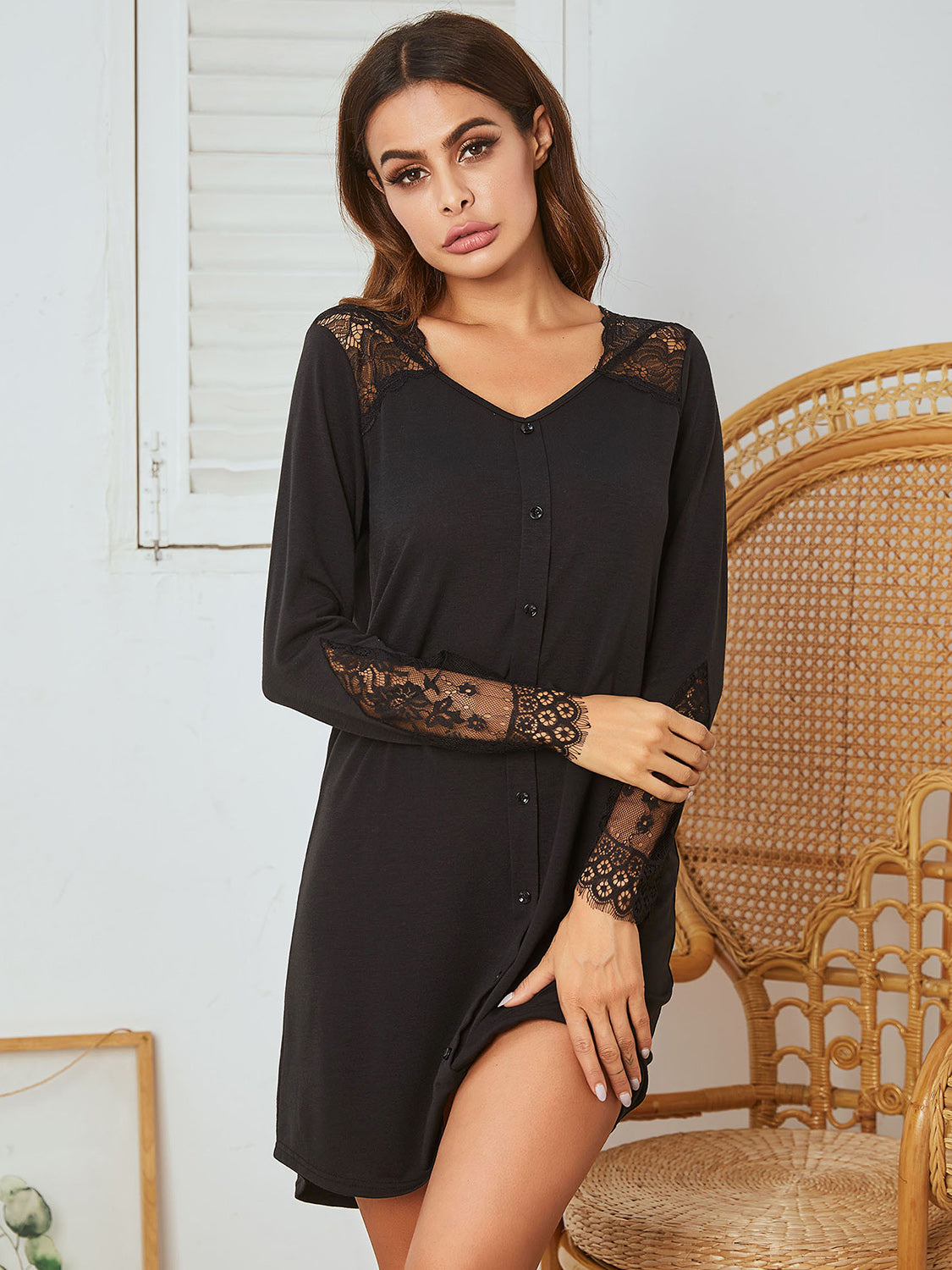 Stacey B's Lace Detail Long Sleeve Mini Lounge Dress