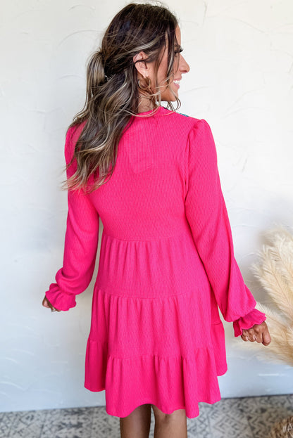 Stacey B's Rose Red Colorful Crochet V Neck Textured Tiered Ruffled Long Sleeve Mini Dress