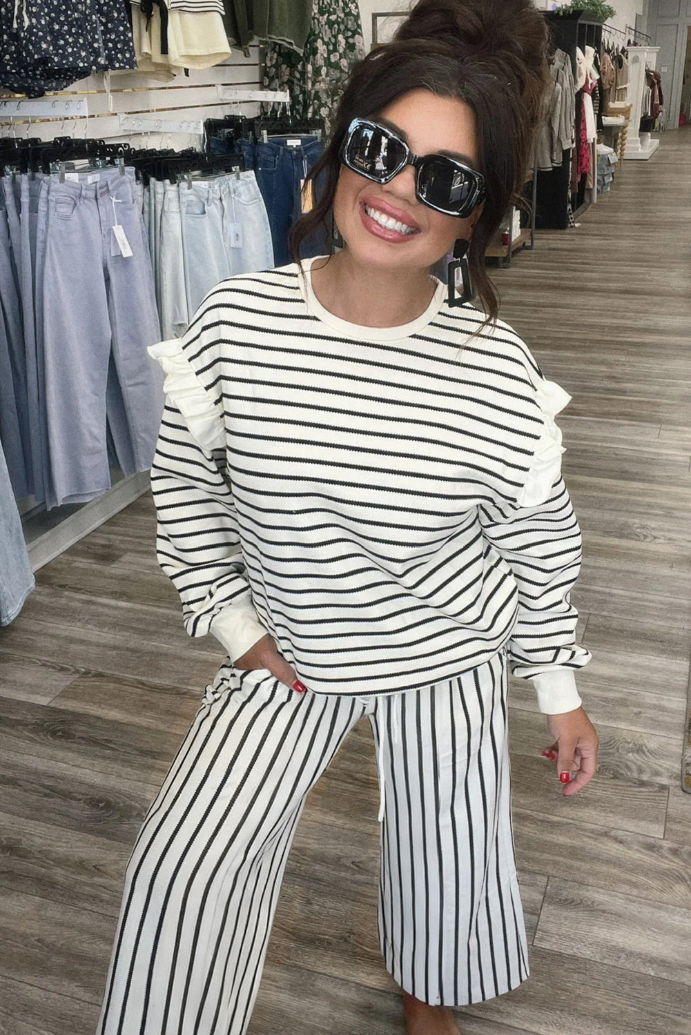 Stacey B's White Stripe Ruffle Trim Drop Shoulder Top Drawstring Loose Pant Set