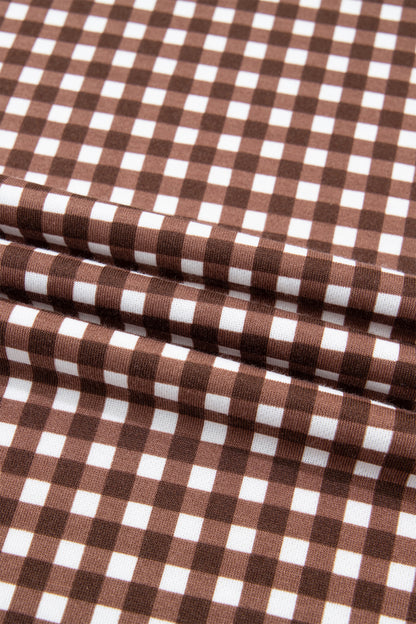 Stacey B's Brown Color Block Plaid Patchwork Long Sleeve Pullover Wide Leg Pant Set