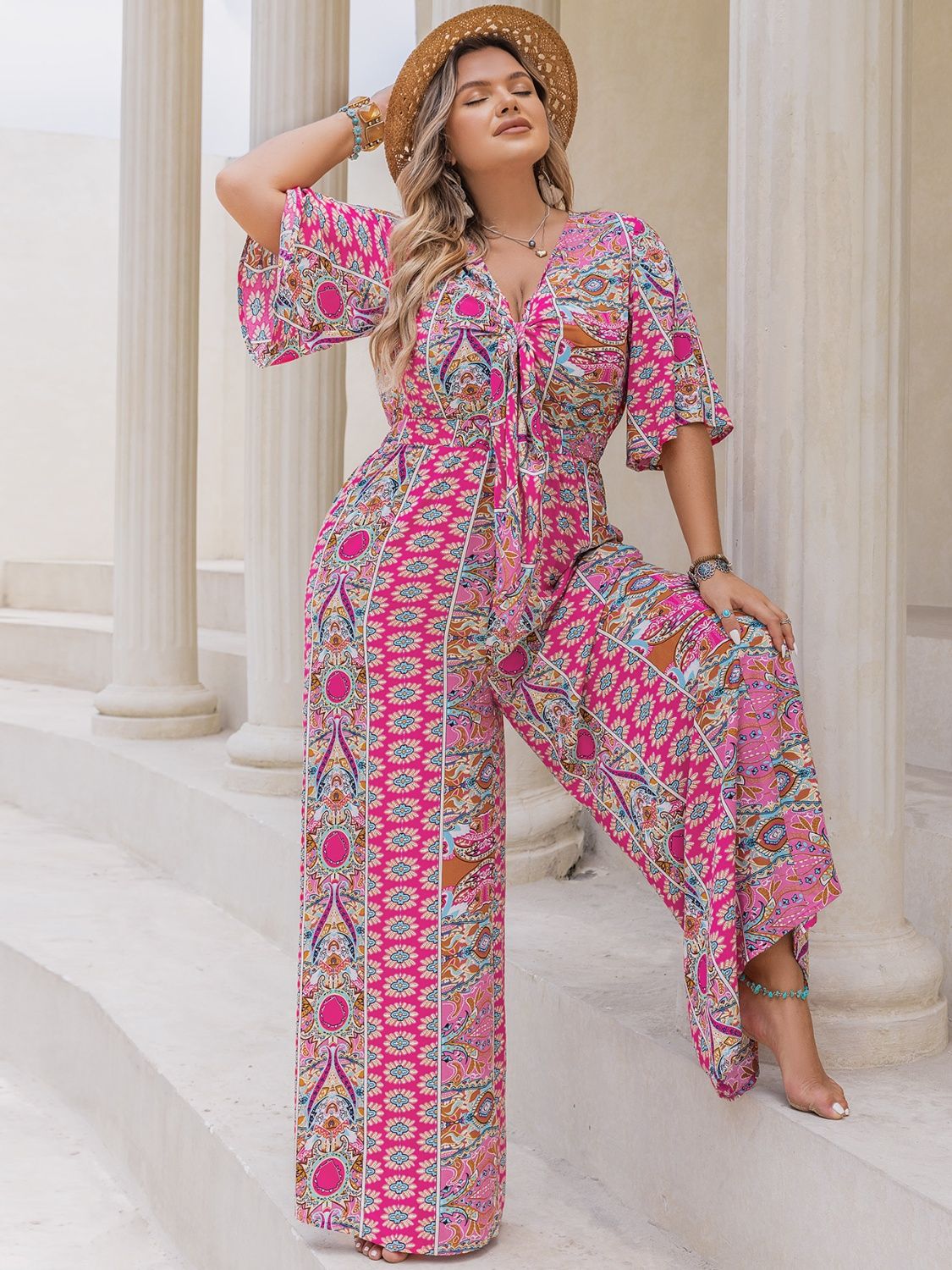 Stacey B's  Printed Half Sleeve Wide Leg Jumpsuit