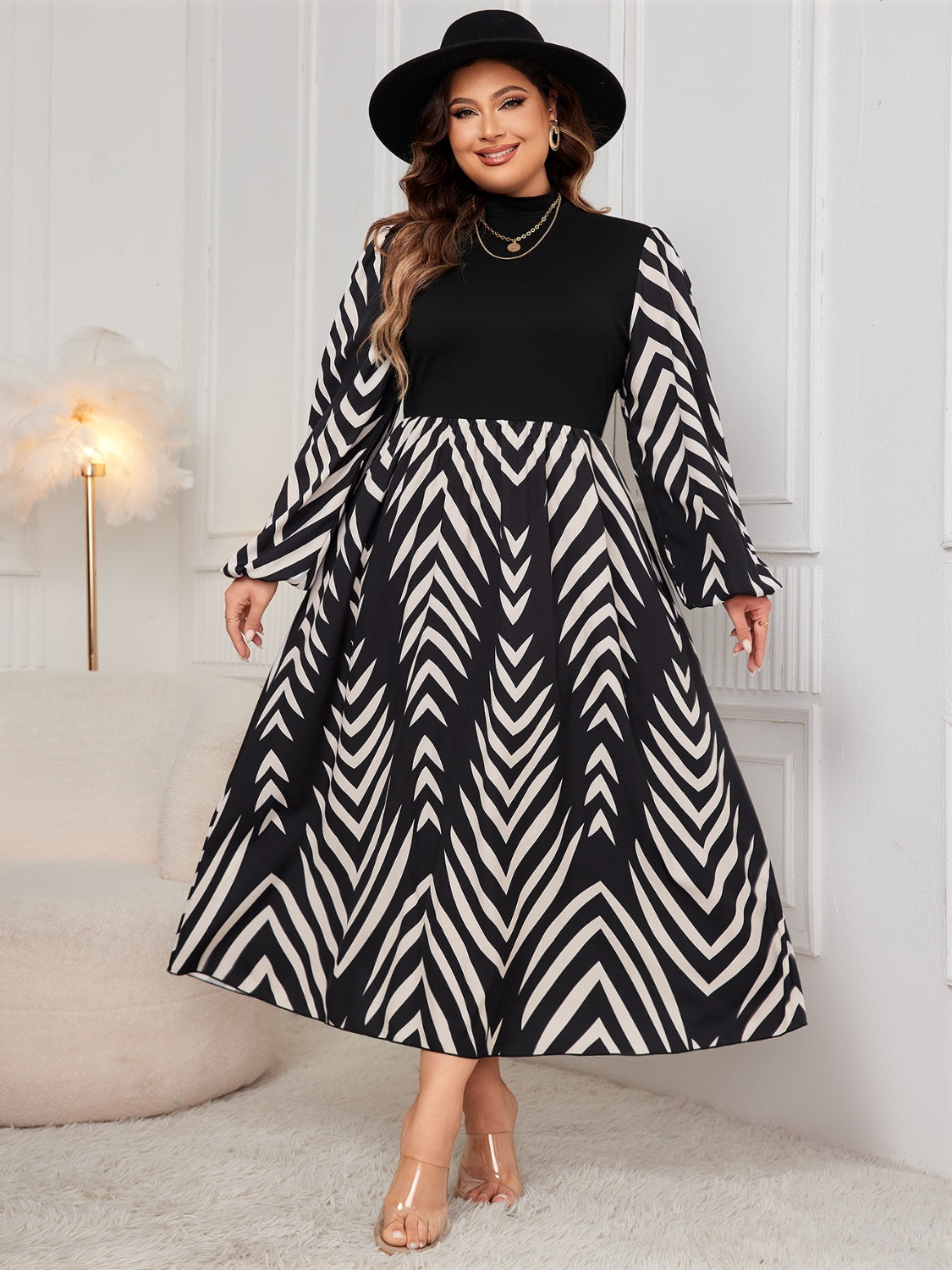 Stacey B's Honey Plus Size Printed Mock Neck Long Sleeve Midi Dress