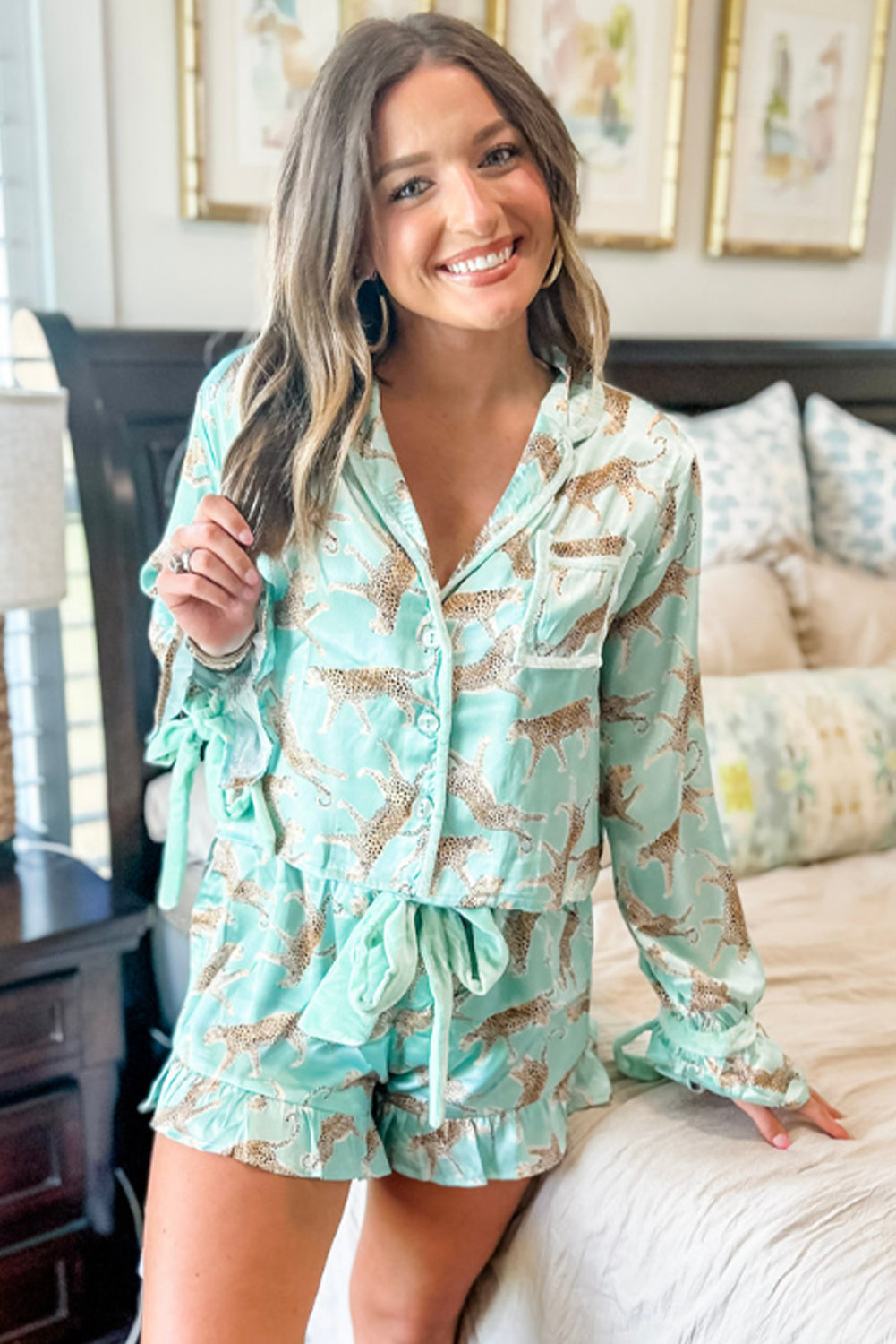 Stacey B's Green Leopard Satin Ruffle Pajama Short Set