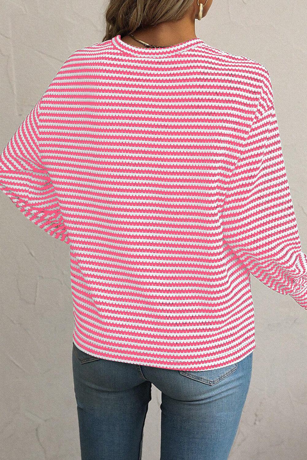 Stacey  B's Rose Stripe Round Neck Drop Shoulder Long Sleeve Top