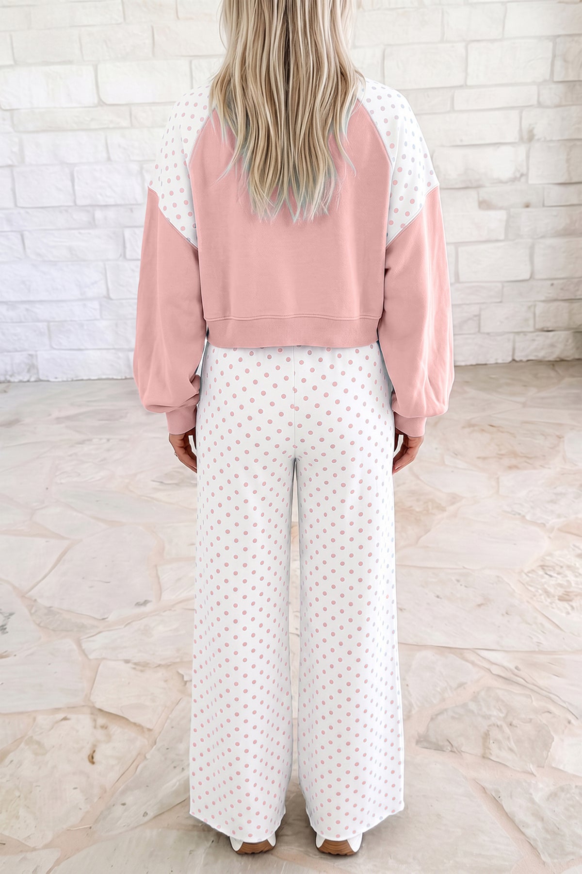 Stacey B's Green Polka Dot Patchwork Colorblock Long Sleeve Casual Two Piece Pants Set