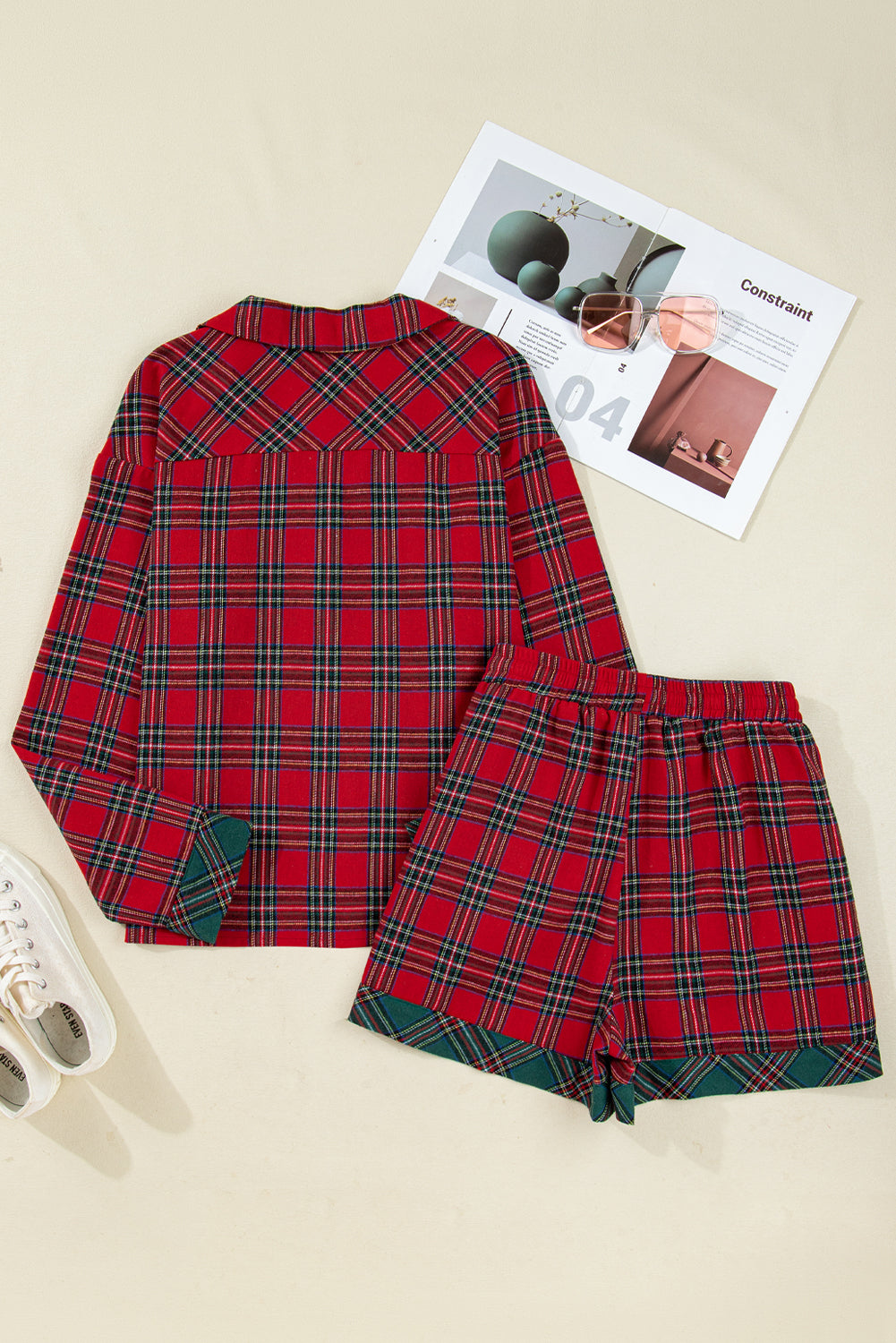 Stacey B's Red Plaid Contrast Color Christmas Holiday Long Sleeve Shirt and Shorts Pajama Set