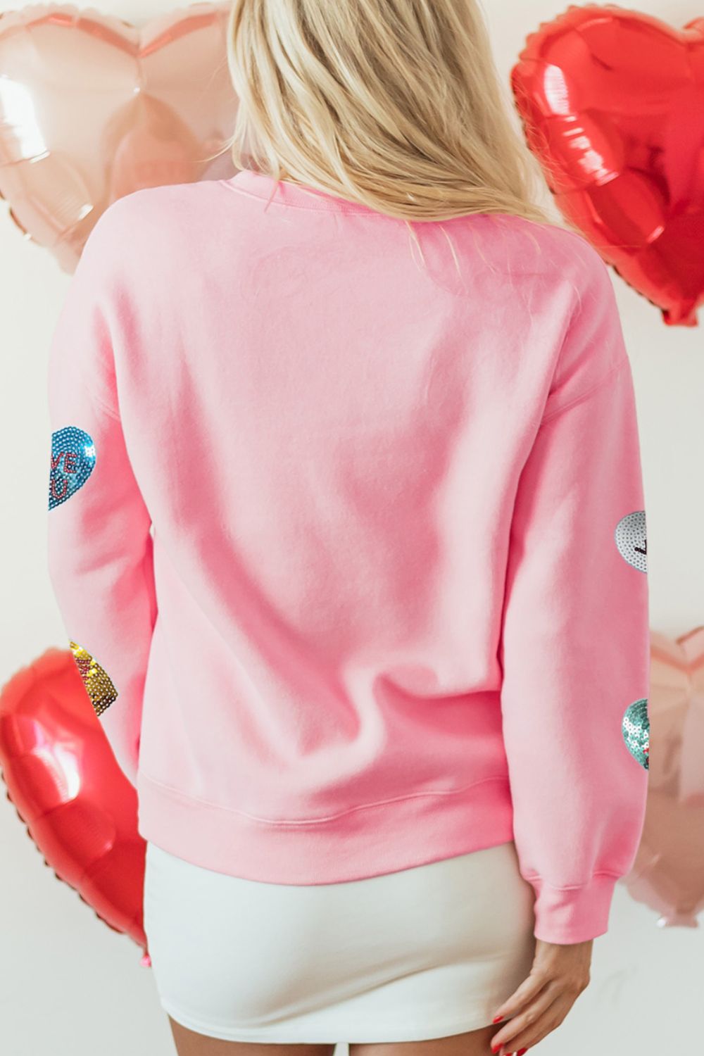 Stacey B's Valentine’s Day Sequin Heart Round Neck Long Sleeve Sweatshirt