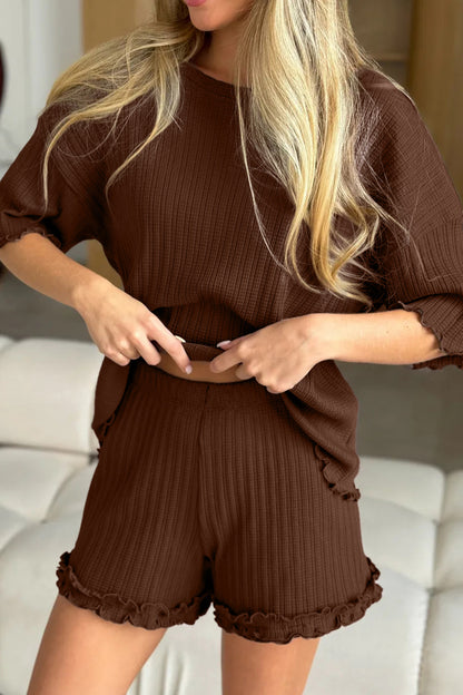 Stacey B's Dark Brown Textured Ribbed Knit Lettuce Trim 2pcs Lounge Set