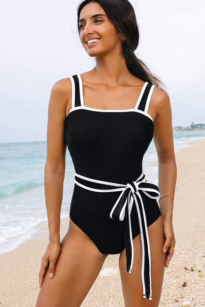 Stacey B's Black Colorblock Edge Belted One Piece Swimsuit
