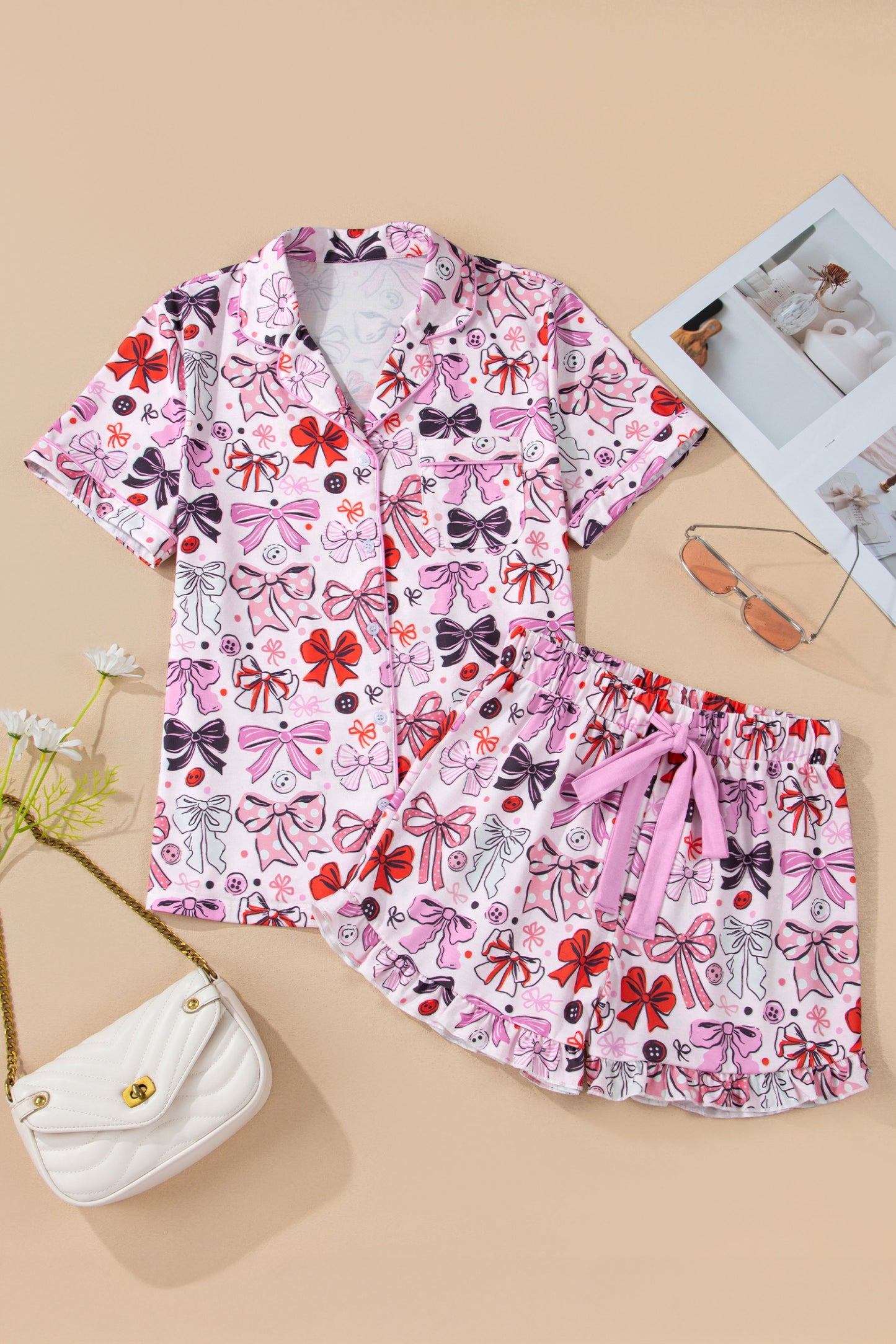 Stacey B's Pink Cute Ribbon Bows Printed Shirt Style 2pcs Short Pajama Set