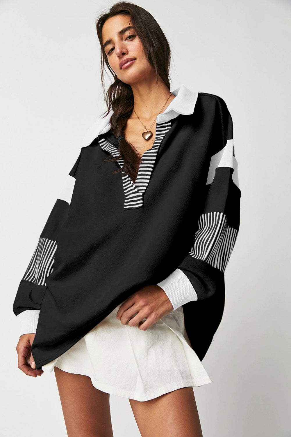 Stacey B's Black Striped Colorblock Patchwork Collar Sweatshirt