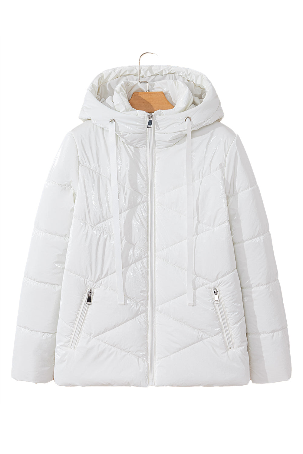 Stacey B's White Solid Quilted Hooded Zip Up Puffer Coat