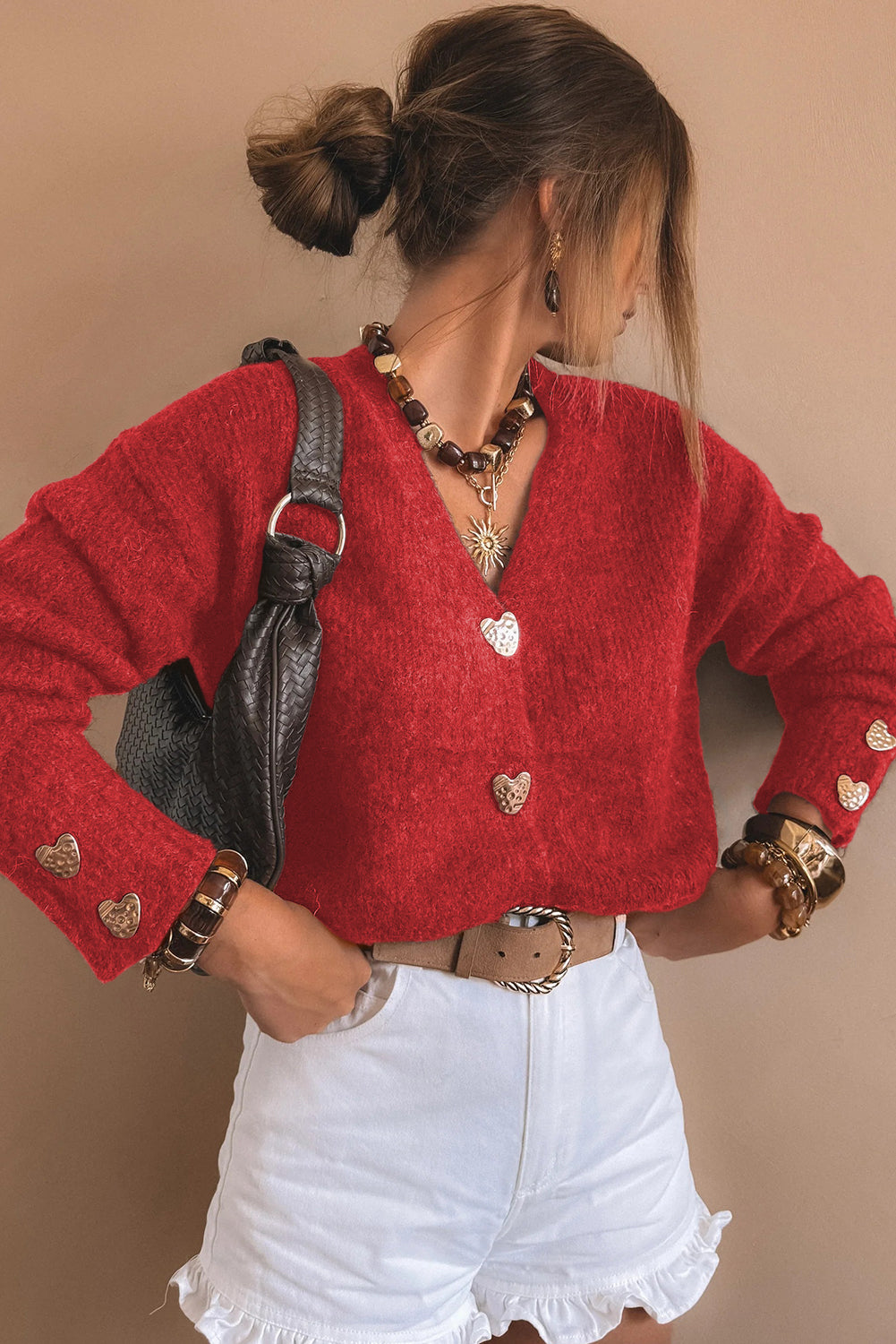Stacey B's Fiery Red Heart Metal Button V Neck Cardigan Sweater