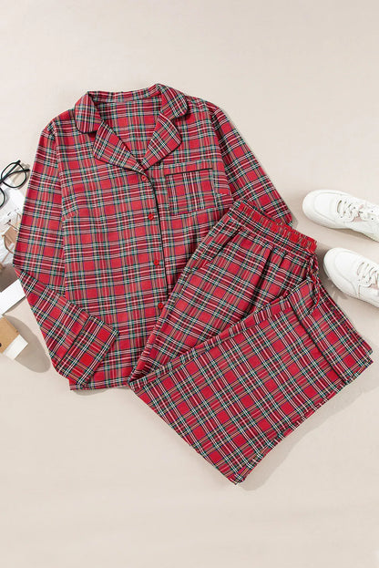 Stacey B's Plus Size Plaid Collared Neck Top and Pants Lounge Set