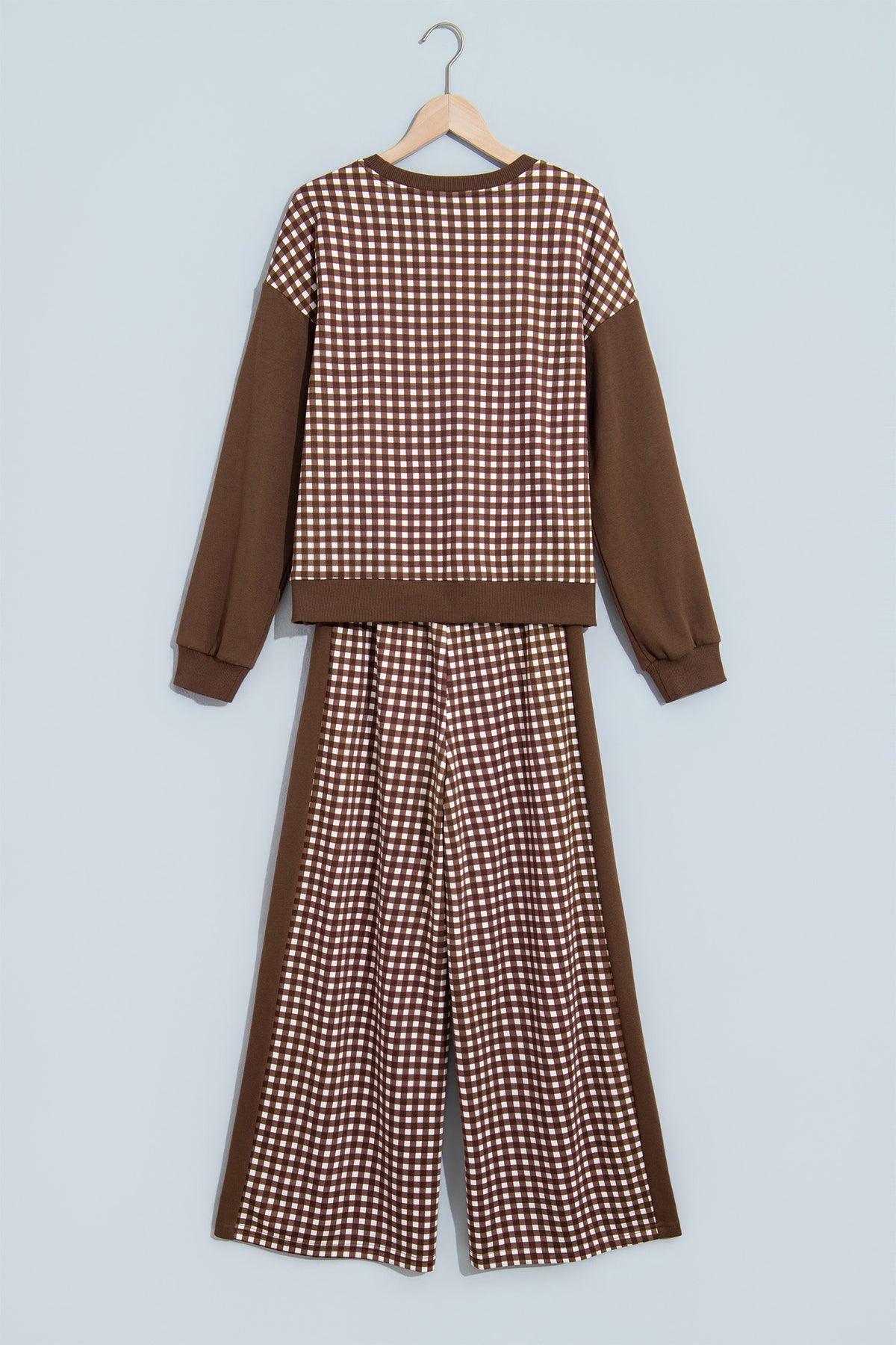 Stacey B's Brown Color Block Plaid Patchwork Long Sleeve Pullover Wide Leg Pant Set