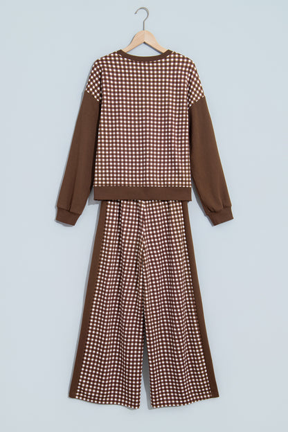 Stacey B's Brown Color Block Plaid Patchwork Long Sleeve Pullover Wide Leg Pant Set