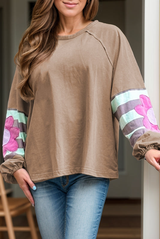 Stacey B's  Flower Round Neck Long Sleeve Blouse