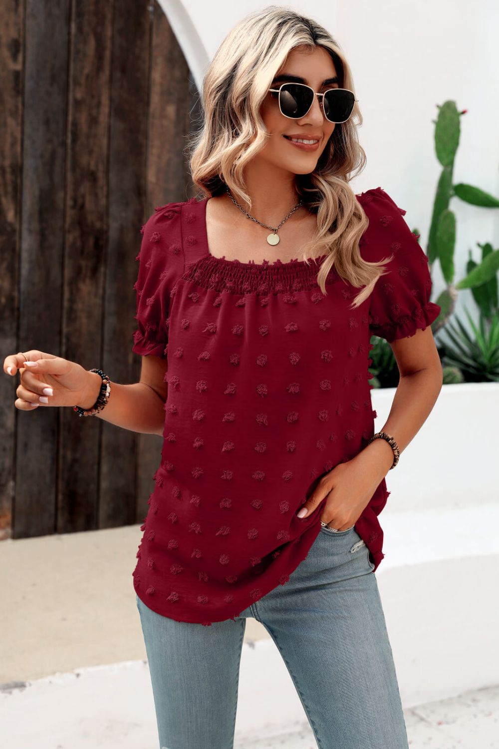 Stacey B's Swiss Dot Puff Sleeve Square Neck Blouse