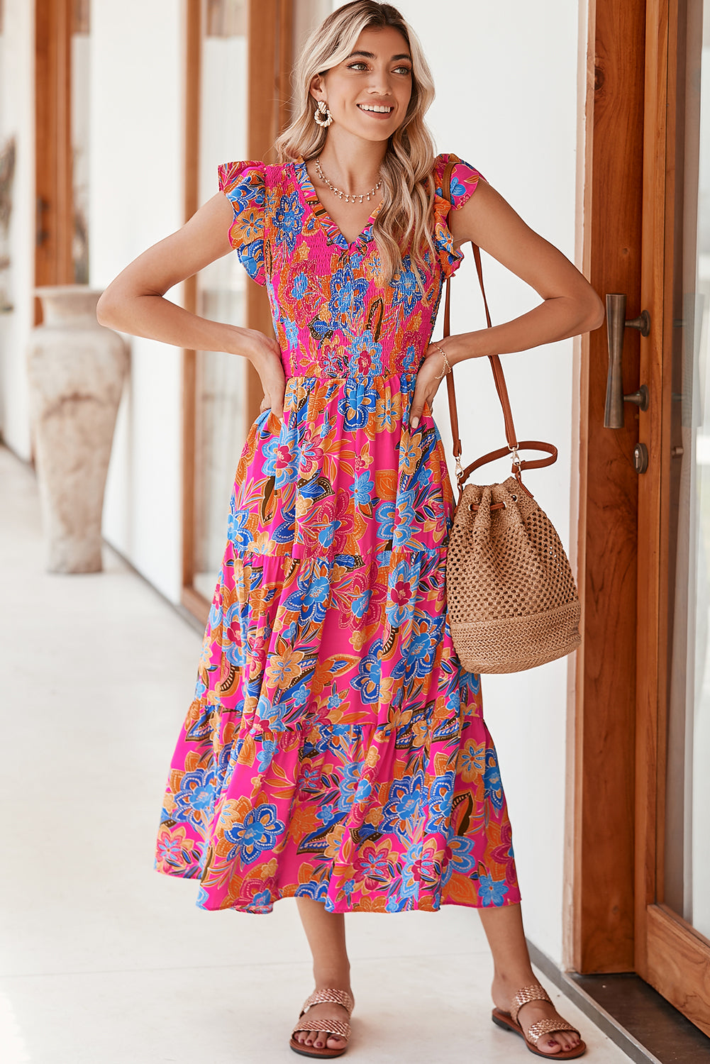 Stacey B's Dark Blue Boho Floral V Neck Ruffle Tiered Long Dress