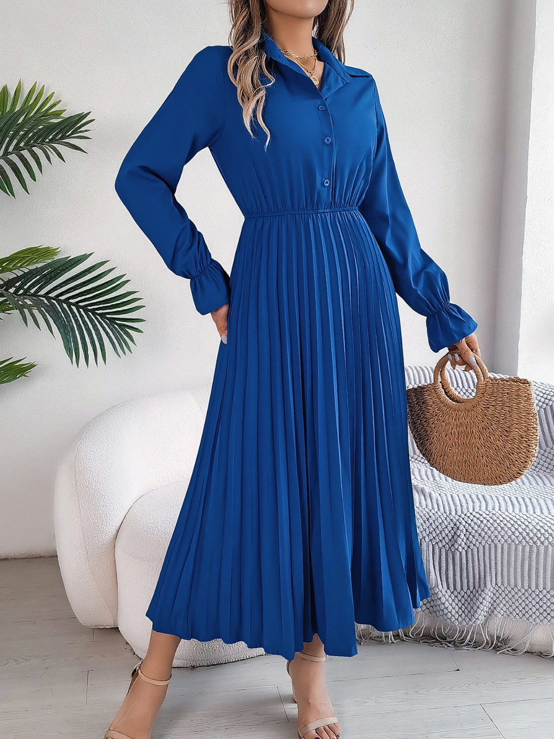 Stacey B's Pleated Half Button Long Sleeve Midi Dress