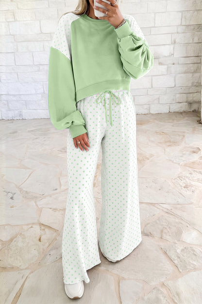 Stacey B's Green Polka Dot Patchwork Colorblock Long Sleeve Casual Two Piece Pants Set