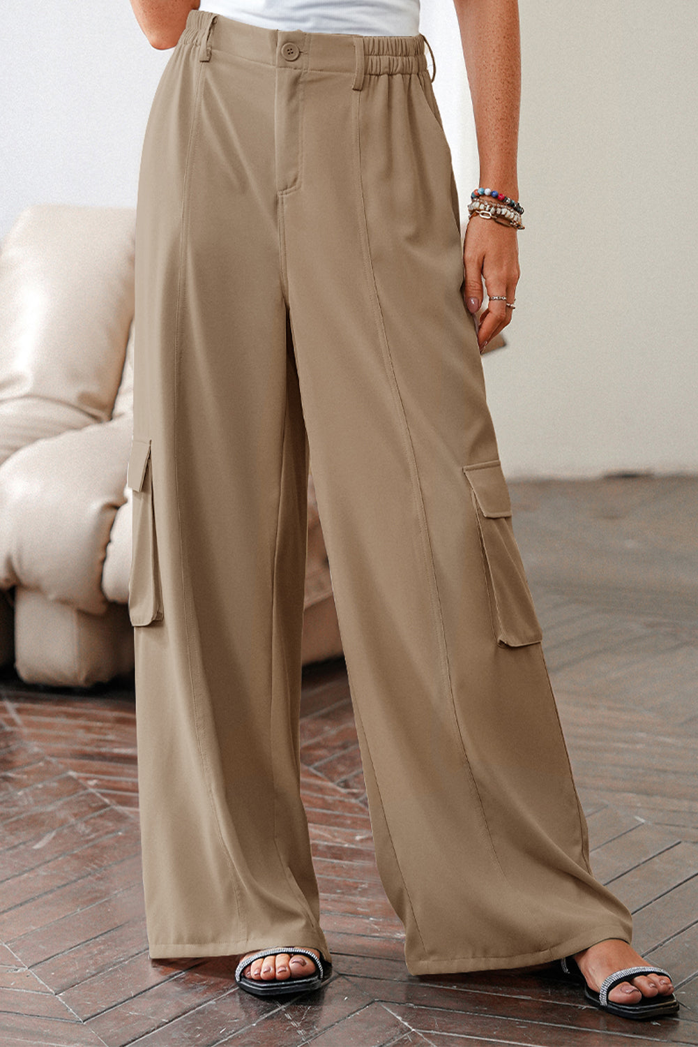 Stacey B's Camel Solid Color Elastic High Waist Loose Cargo Pants