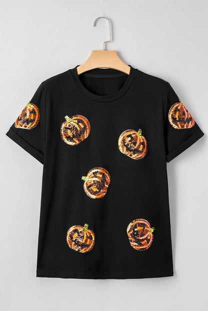 Stacey B's Black Sequin Pumpkin Face Halloween T Shirt