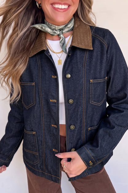 Stacey B's Navy Blue Contrast Collar Stitched Detail Button Denim Jacket