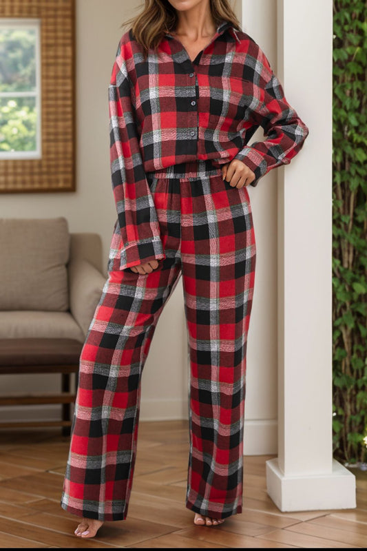 Stacey B's Plaid Long Sleeve Top and Pants Lounge Set