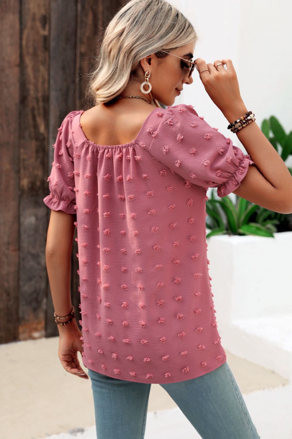 Stacey B's Swiss Dot Puff Sleeve Square Neck Blouse