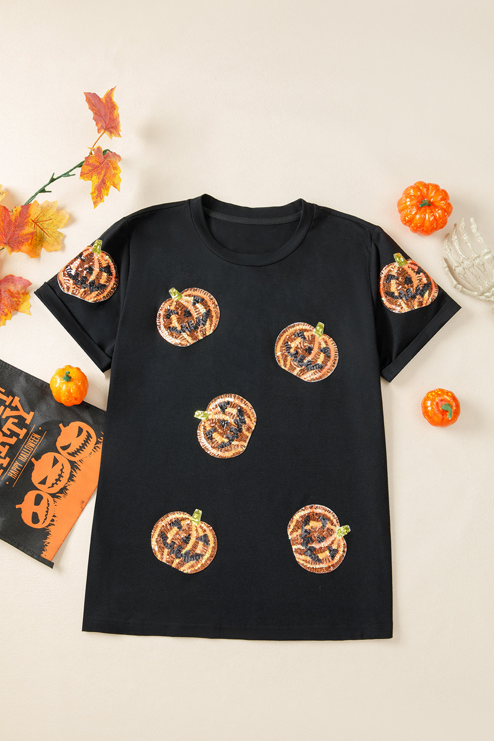 Stacey B's Black Sequin Pumpkin Face Halloween T Shirt