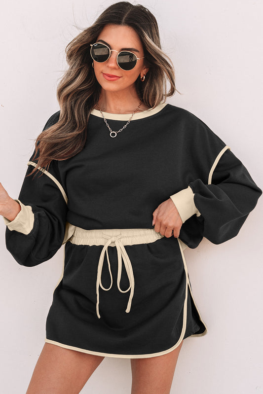 Stacey B's Black Color Contrast Loose Pullover and Lace-up Waist Skort Set
