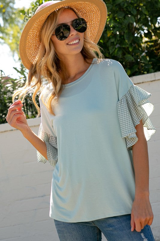 Stacey B's Plus Solid  Checker Mixed Boxy Top