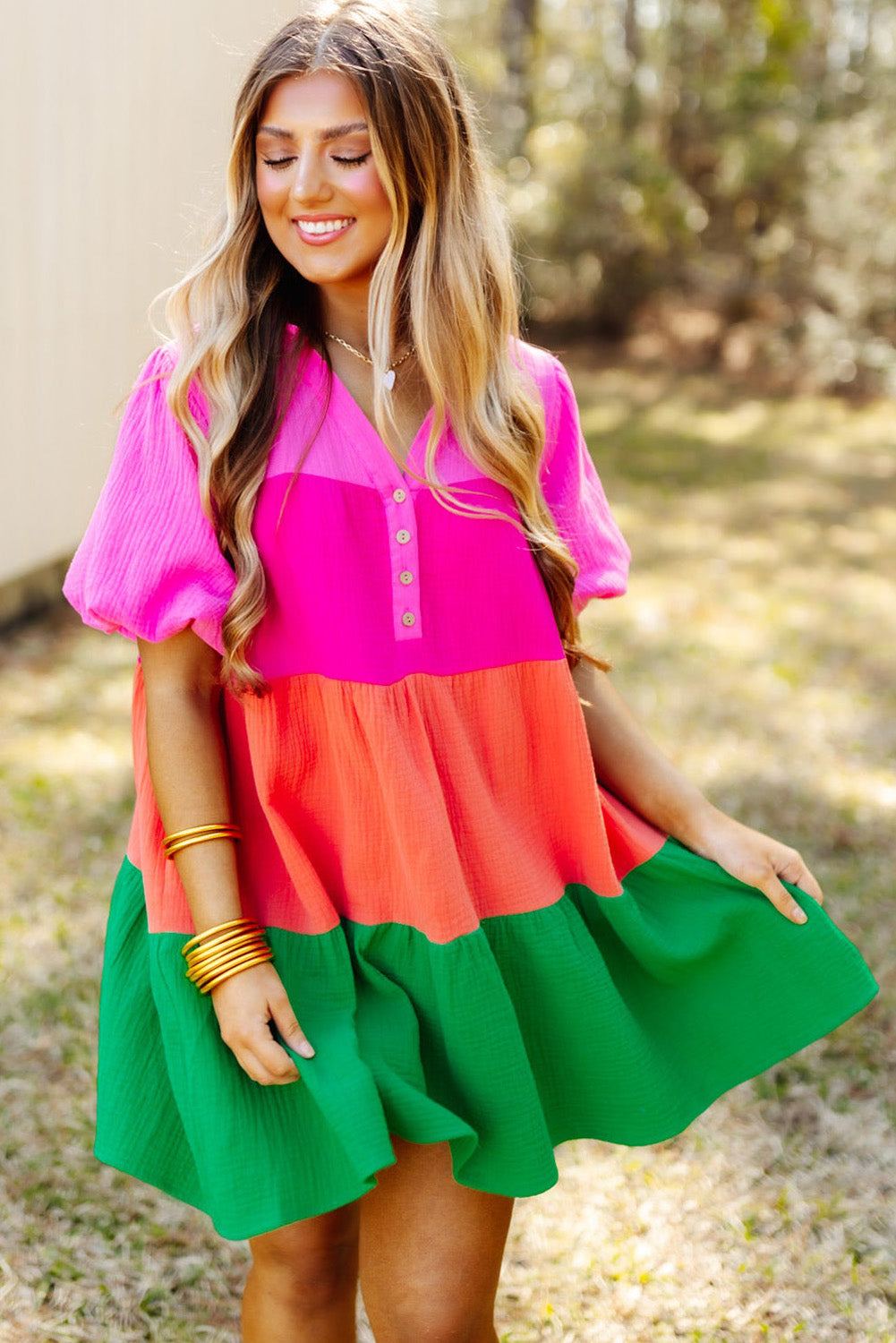 Stacey B's Multicolor Color Block Tiered Puff Sleeve Dress