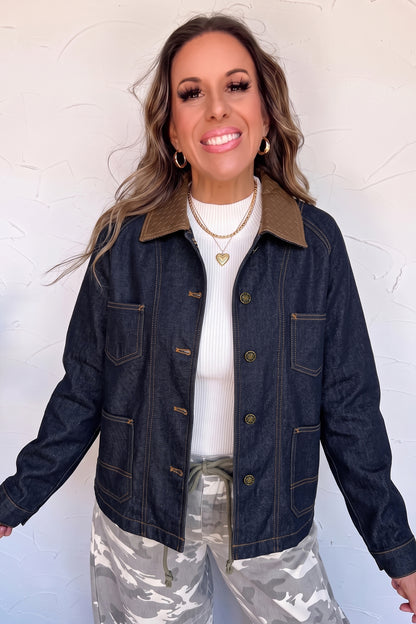 Stacey B's Navy Blue Contrast Collar Stitched Detail Button Denim Jacket