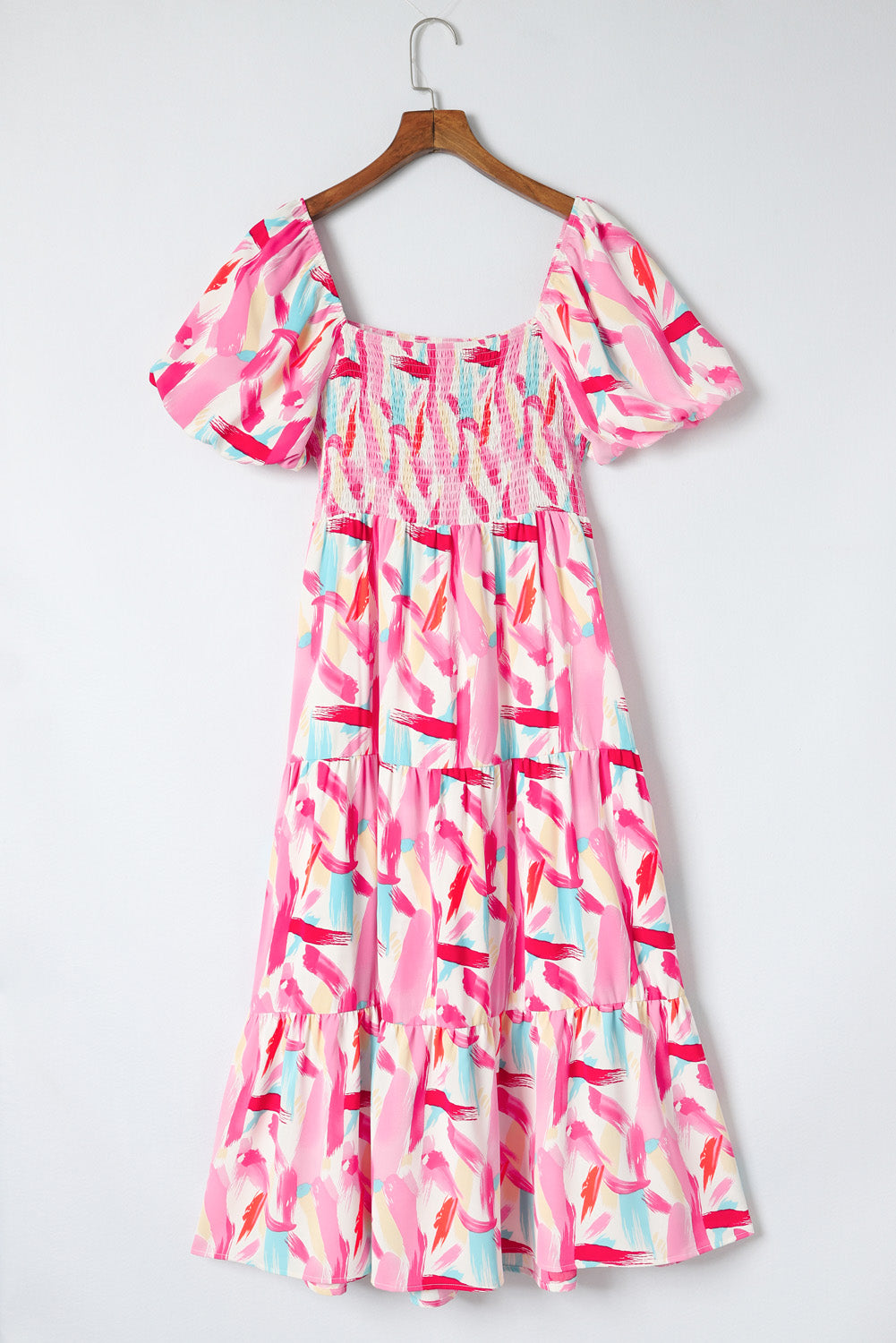 Stacey B's Pink Brush Stroke Printed Smocked Ruffle Tiered Dress