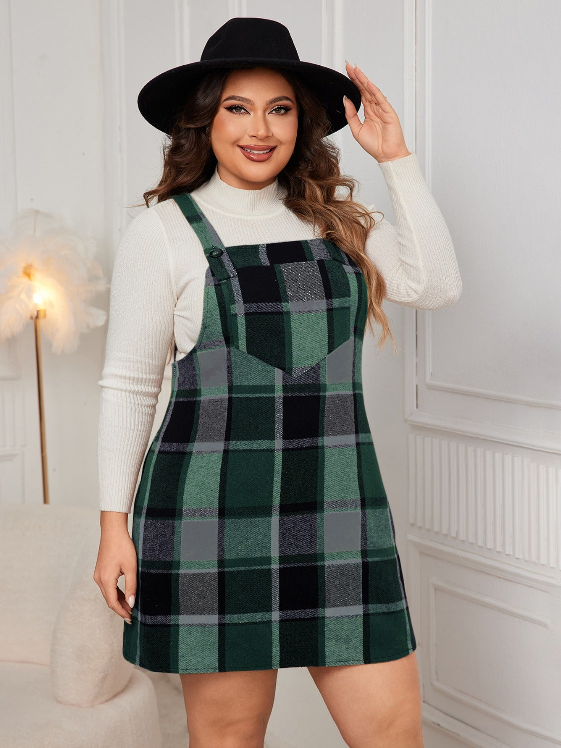 Stacey B's Plus Size Plaid Wide Strap Overall Dress