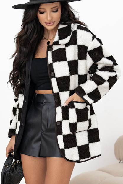 Stacey B's Black Checkered Side Pockets Collared Buttoned Fleece Jacket