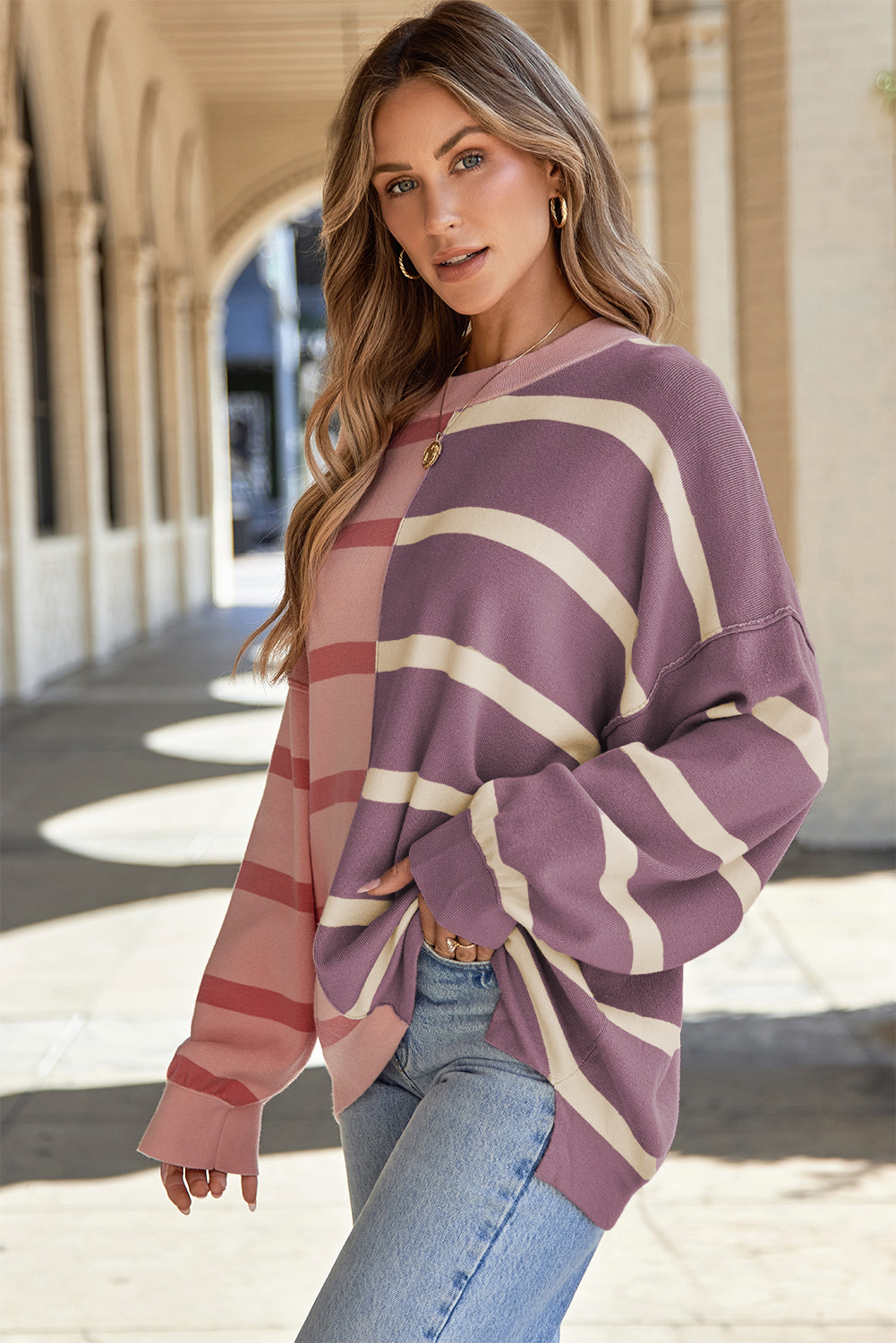 Stacey B's Striped Round Neck Long Sleeve Knit Top