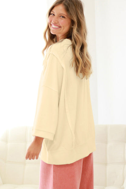 Stacey B's Beige Plus Size Raw Seam Detail Floral Bow Patched Baggy Pullover