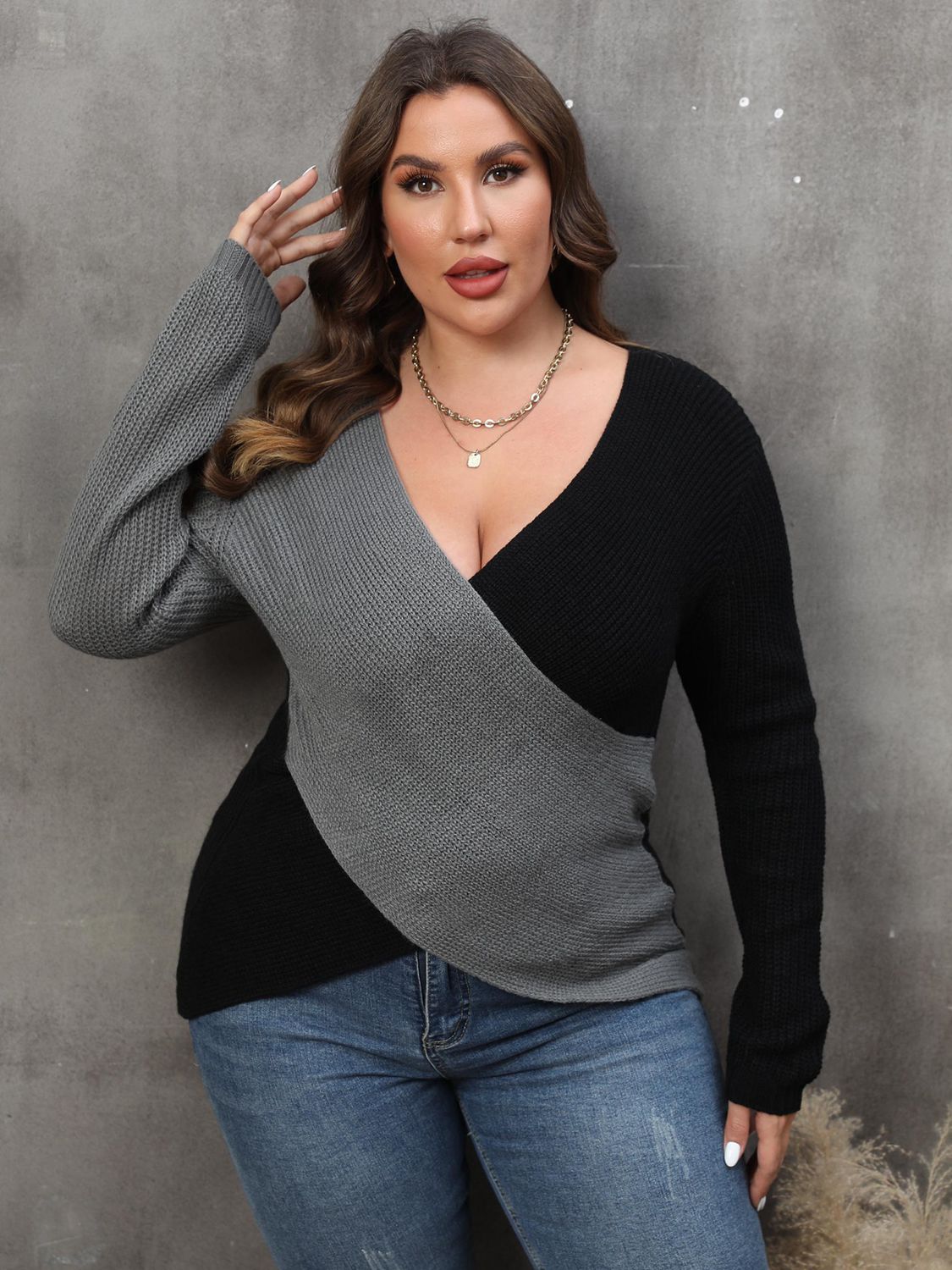 Stacey B's Plus Size Two-Tone Surplice Neck Sweater