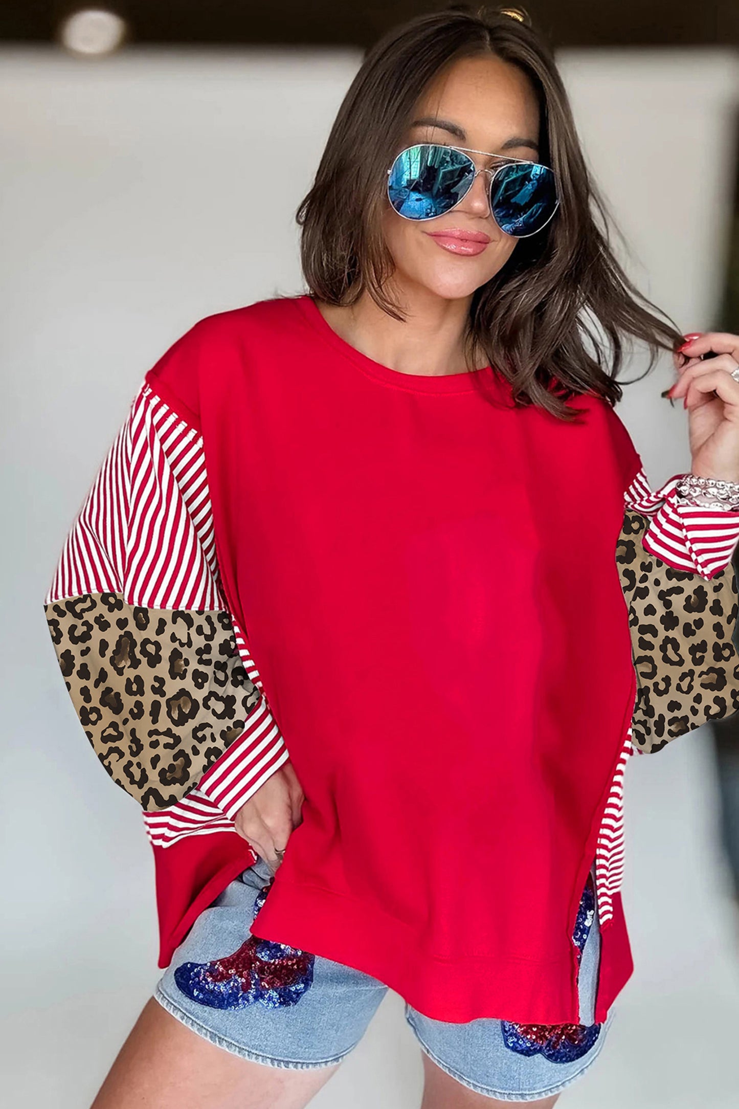 Stacey B's Racing Red Striped Patchwork Sleeve Colorblock Sweatshirt