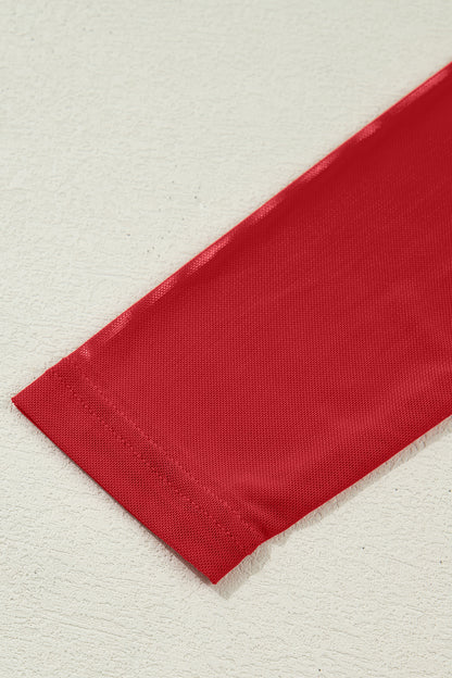Stacey B's Fiery Red Sheer Mesh Patchwork High Neck Long Sleeve Top