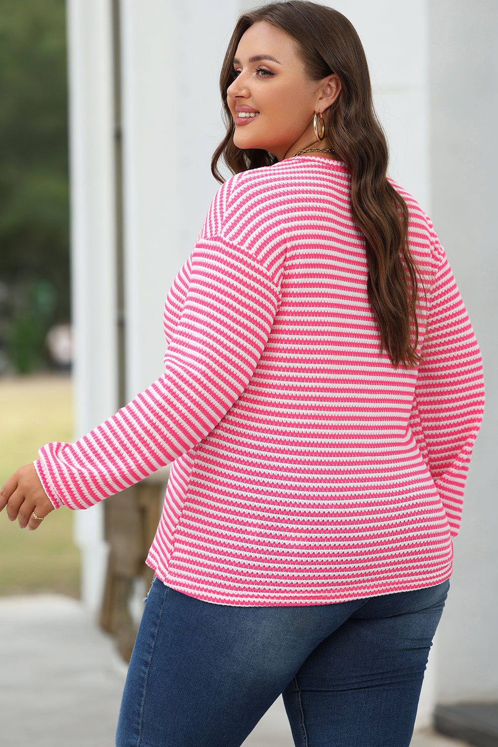 Stacey  B's Rose Stripe Round Neck Drop Shoulder Long Sleeve Top