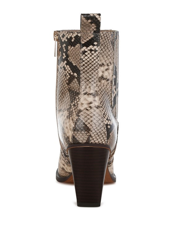 Stacey B's Cornus Snake Print Ankle Boots