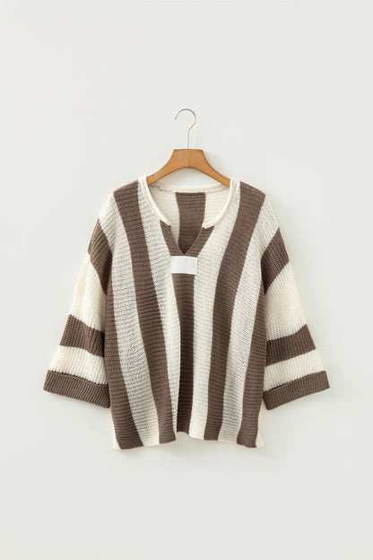 Stacey B's Brown Stripe Colorblock V Neck Bracelet Sleeve Sweater