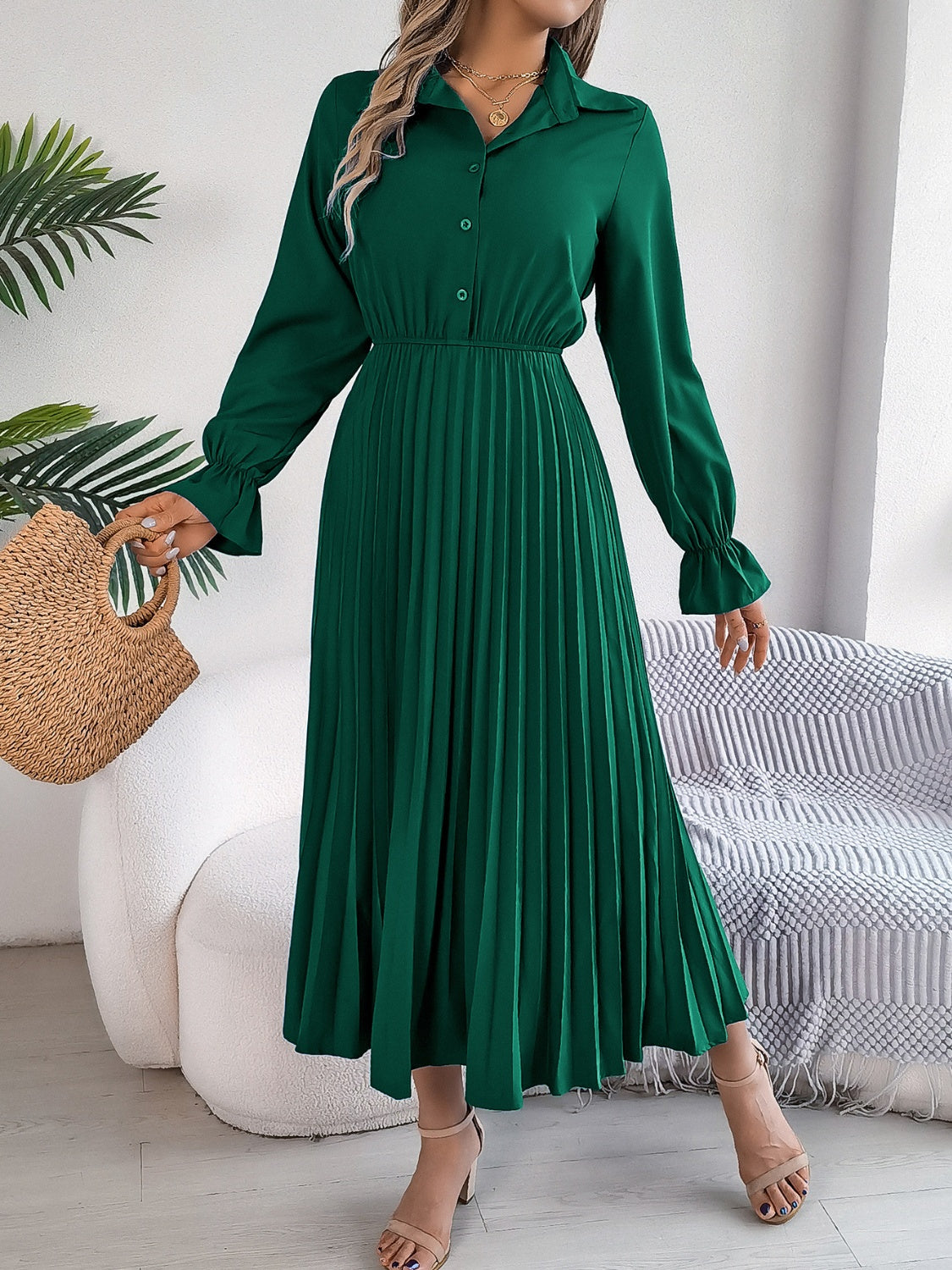 Stacey B's Pleated Half Button Long Sleeve Midi Dress