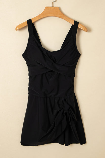 Stacey B's Black Adjustable Straps Cutout Ruched Knot Slit One Piece Swim Dress